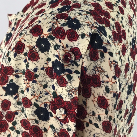 DR2 Cream Red Blue Floral Print Long Sleeve Notch Neck Blouse Size M - Picture 10 of 15